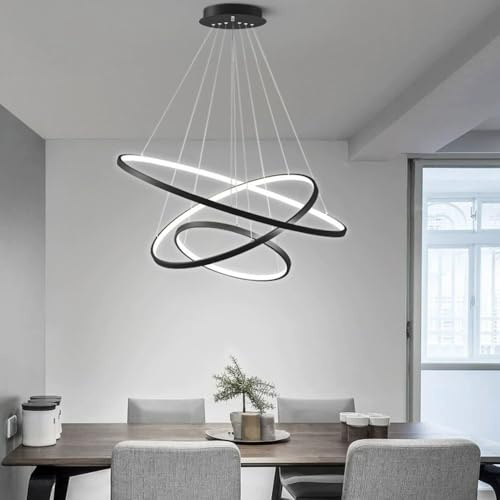 LIUYU Schwarz LED Pendelleuchte Einstellbare Hängeleuchte 90W 3 Ring Anhänger Deckenleuchte Esszimmer Kücheninsel Schlafzimmer Wohnzimmer Decke Hängelampe Dimmbares mit Fernbedienung 40+60+80 cm