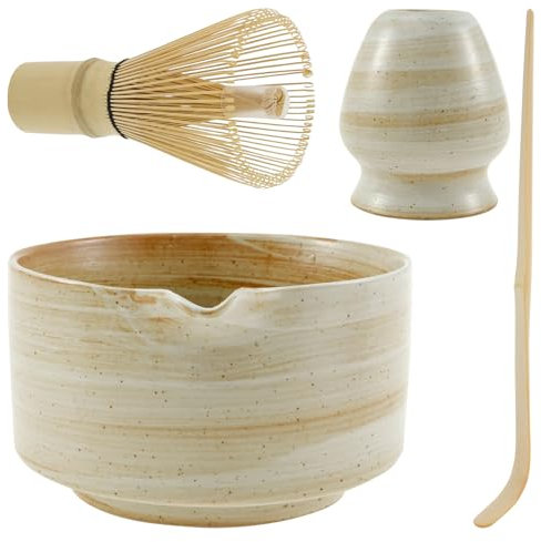 Sesaver 4Pcs Matcha Whisk Set Japanese Matcha Tea Set with Ceramic Matcha Bowl and Whisk Holder, Bamboo Matcha Whisk and Bamboo Scoop, Reusable Manual Matcha Making Kit for Tea Lovers (Yellow)