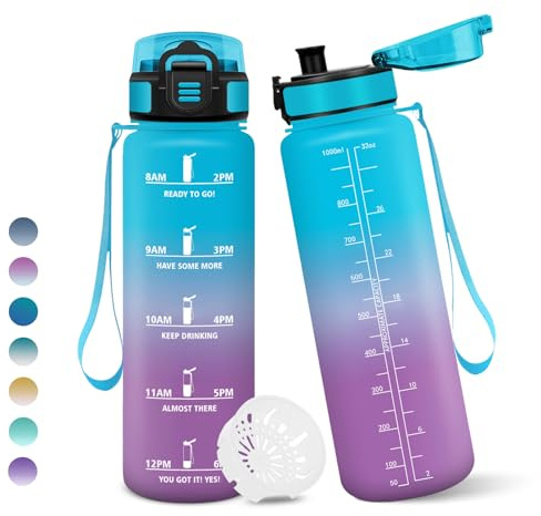 Motswedi Trinkflasche 1000ml, BPA-Frei, Trinkflasche Sport, Auslaufsicher, Wasserflasche, Kohlensäure Geeignet, Sport Trinkflaschen, für Yoga, Schule, Fahrrad, Kinder, Outdoors, Blau Lila