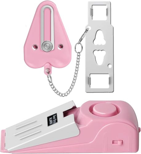 Portable Door Lock & Door Stop Alarm Set, Dual Protection Home Security Door Kit, Travel Hotel Lock Devices Pocket Self Defensey Tools for Traveling Hotel Home Apartment (Pink)