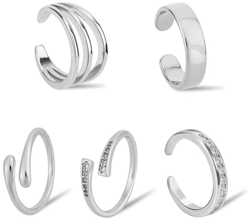 Mikovivi 5stk Teilige Zehenringe für Damen, 5 Stile Anlaufgeschütztes Offenes Band Verstellbares Band Zehenringe Strand-Sommer-Fußschmuck für Sommer-Strand-Fußaccessoires (Silber)
