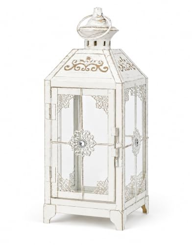 JHY DESIGN Vintage Metall Laterne 34 cm, weiße Dekolaterne mit gehärtetem Glas, Hängelaterne & Tischlaterne, Windlicht für Innen- & geschützten Außenbereich, Garten, Terrasse, Hochzeit, ohne Kerze