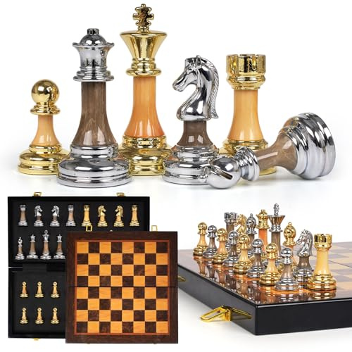 Luxury Large Metal & Acrylic Chess Set with Wooden Chess Board (17”) – Weighted Chess Pieces with 3.5” King, Foldable Tournament Chess Set for Adults and Kids, Professional Chess Game Set