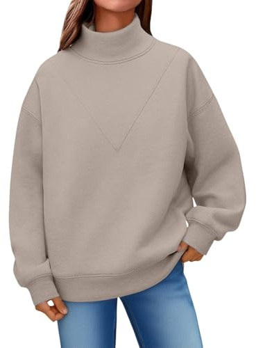 Générique Dam utan huva - damtröja i plusstorlek toppar vår höst sweatshirt rena toppar enkel tröja enfärgad tröja långärmad toppar polokrage toppar, kaki, M