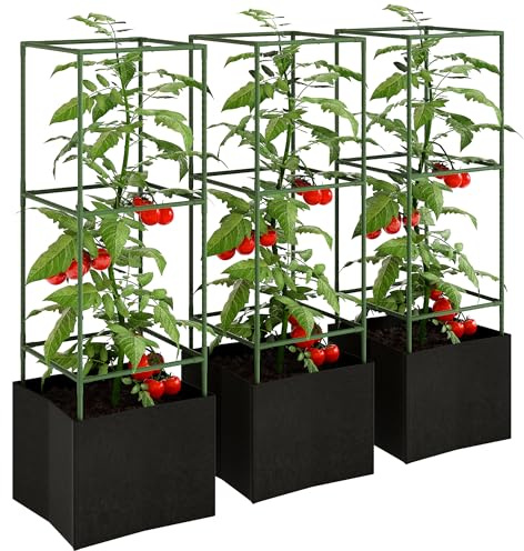 Outsunny Lot de 3 Cages à tomates carrées avec Sacs de Culture 51,2 L, Treillis pour Plantes grimpantes, légumes et Fleurs, Vert