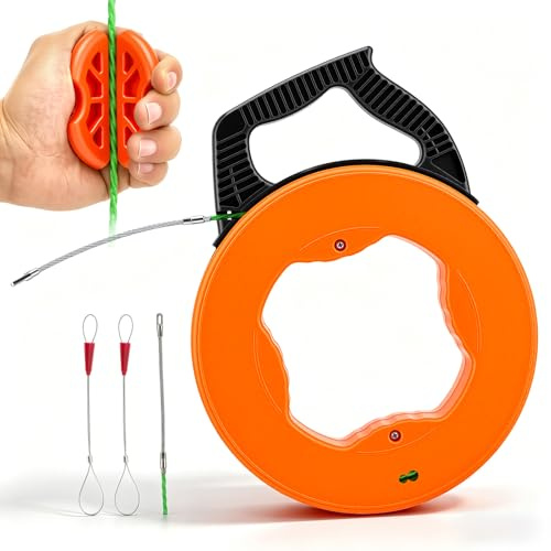 50 m, bobina retráctil con 1 extractor de cables, 2 paquetes de cables, ayuda para retractar, con caja de almacenamiento, 4,5 mm de resorte retráctil para cables y trabajo eléctrico, para tracción