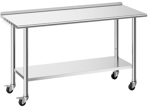 VEVOR Tavolo da Lavoro per Cucina in Acciaio Inox, Tavolo per Preparazione da Cucina 1524 x 610 x 894 mm con Ruote Alzatina 30 mm, Banco Preparazione Ripiano di Base Portaoggetti, Ristorante, Hotel