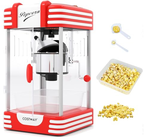 COSTWAY 300W Popcorn Maker, Hot Air Popcorn Machine with Stainless Steel Kettle, Light, One Touch Control, Crank Handle, Kernel Scoop, Serving Tray & Oil Spoon, Popcorn Popper for Movie Nights Parties