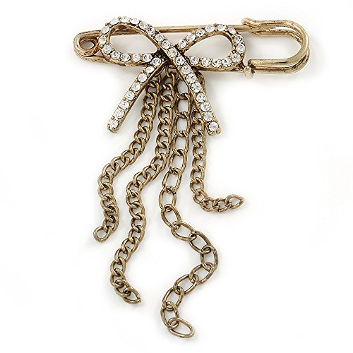 Broche d'inspiration vintage en forme de nœud en cristal transparent avec pompon en ton or antique – 50 mm de long, taille unique, Pas de type de métal, diamante