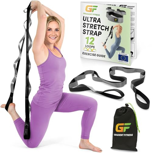 Gradient Fitness Stretchgurt für Physiotherapie, 12 Multi-Loop-Dehnband, 3,8 cm B x 2,4 m L, Neopren-Griffe, Physiotherapieausrüstung, Yoga-Gurte zum Dehnen, Beinstrecker, Baumwoll-Nylon-Mischung
