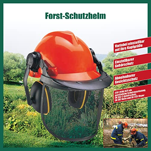 MAUK® Forsthelm Kettensägen/Freischneider Schnittschutz Sicherheitshelm mit Visier Gehör- und Gesichtsschutz | Schutzhelm mit Signalfarbe Orange/Rot