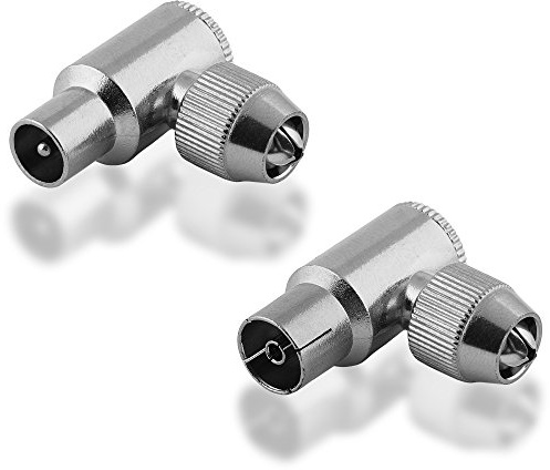 BestPlug 2 Stück Hiqh Quality Antennen Koax Winkel-Stecker, 1x Koax Buchse Kupplung weiblich und 1x Koax Stecker männlich, schraubbar, geeignet für 3D SD HD FullHD UHD 4K, Metallausführung