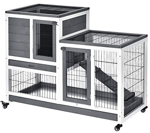 PawHut Wooden Rabbit Hutch Elevated Bunny Cage Indoor Small Animal Habitat with Enclosed Run with Wheels, Ramp, Removable Tray Ideal for Guinea Pigs, Grey