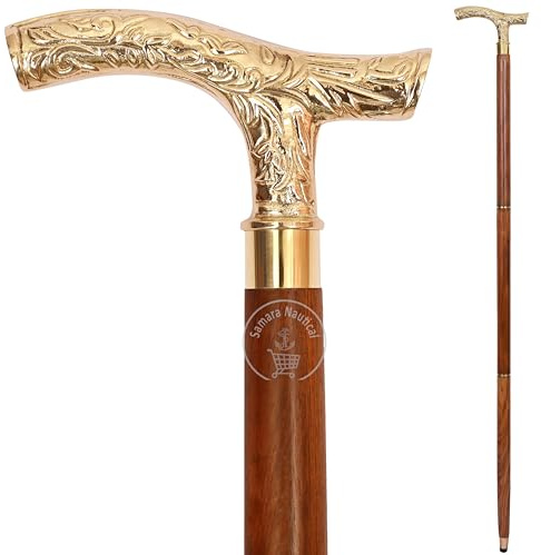 Samara Nautical Walking Stick - Men Derby Canes and Wooden Walking Stick for Men and Women - 37 Brown Ebony Brass T Shape Handle in Golden Tone Natural Wood Unisex Cane