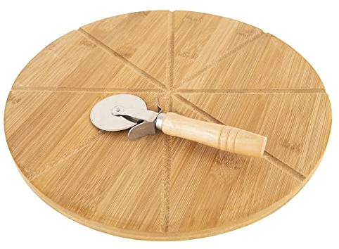E&W Round Bamboo Pizza Cutting Board with Pizza Cutter, 33cm