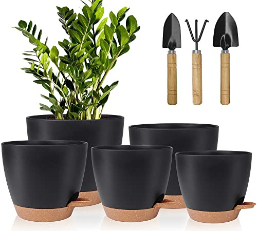 Idealife 5 Pcs Pots de Fleurs en Plastique, 17.8/16.5/15.2/13.9/12.7cm Pots à Fleurs/Plantes en Plastique, Auto-Arrosant avec Soucoupe de Fleur Convient aux Jardins de Balcon Intérieurs(Noir Marron)