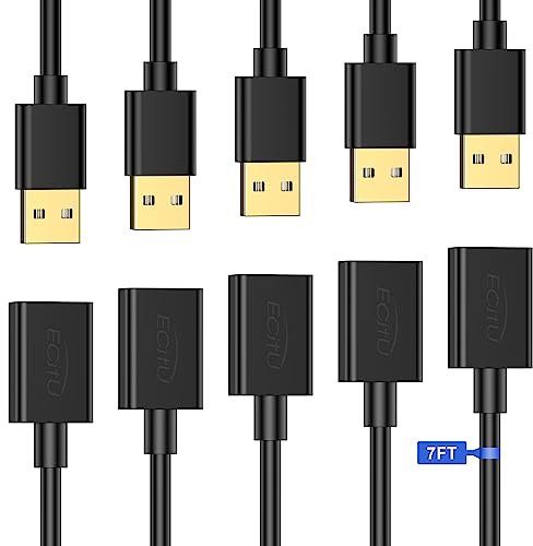 Cable extensor USB de 7 pies (paquete de 5), cable de extensión USB 2.0, USB A macho a hembra, compatible con unidad flash USB, disco duro, lector de tarjetas, cámara web, impresora, teclado, mouse,