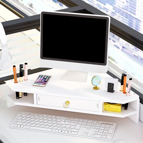 Rehausseur Ecran Support de Moniteur Triangulaire, Étagère D'angle en bois avec Tiroir et Porte-stylo, Support D'ordinateur de Bureau pour Économiser de L'espace, Élévateur D'angle ( Color : White )