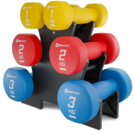 Hop-Sport Hanteln Set mit Hantelständer, Kurzhanteln - 2 x 1 kg, 2 x 2 kg, 2 x 3 kg, Hanteln aus Gusseisen - mit Neopren überzogen- blau,rot,gelb