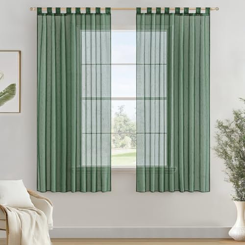 MIULEE Voile Gardinen Vorhänge mit Schlaufen Leineneffekt Halbtransparent Vorhange Elegant Einfach Leinenoptik für Wohnzimmer Schlafzimmer 2er Set, 140×160(H×B), Dunkelgrün