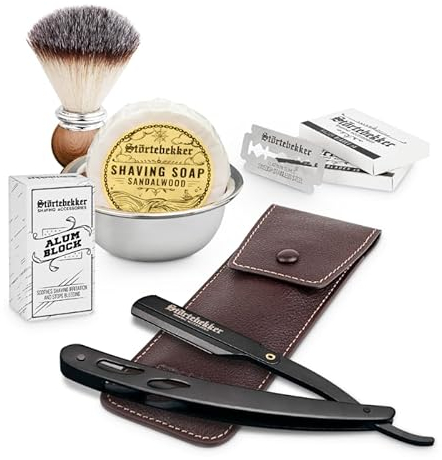 Störtebekker® Premium Rasiermesser Set Schwarz im handgefertigten Lederetui (Café) - mit Rasierpinsel, Rasierschale, Rasierseife, Alaunstein und Rasierklingen - hochwertiges Nassrasierer Rasierset