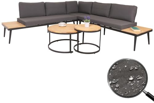 Mendler Garten-Garnitur HWC-H54c Akazie - Hellbraun, Kissen dunkelgrau | Lounge-Set, Beistelltisch, Spun, Poly, Holz, Stahl