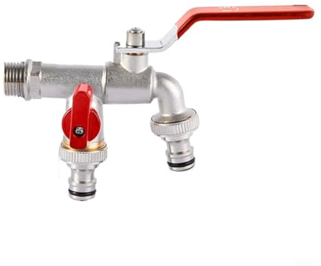 Double robinet en laiton avec vanne de sortie, robinet de jardin extérieur fileté 1 en 2 sorties en laiton irrigation double joint pour jardin, ménage et industriel (D)