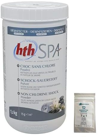EASYPISCINE Choc sans Chlore Poudre (oxygène Actif) HTH Spa - 1,2 kg + 12 Tests OFFERTS 7 en 1