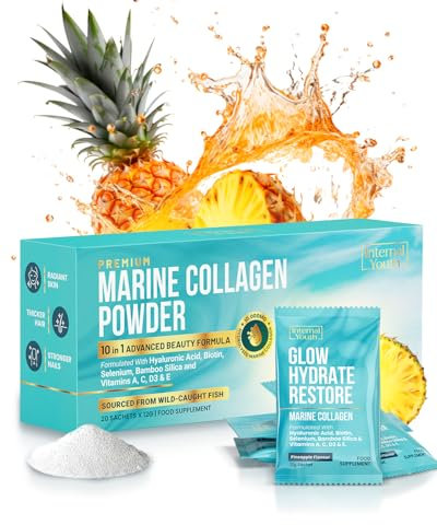 10000mg Pineapple Flavoured Marine Collagen Powder for Women - No Fishy Smell or Taste - Wild Caught Marine Collagen Sachets for Women with Hyaluronic Acid Biotin Vitamin C + 6 Key Beauty Ingredients