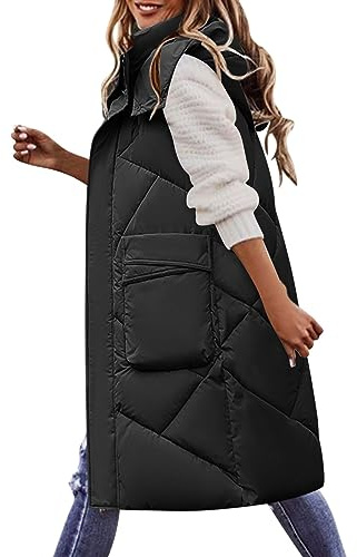 Akgukrseh Women Hooded Padded Gilet, Longline Quilted Jacket Lightweight Walking Gilet Women's Gilets Winter Coat Hooded With Pockets Black Fur Gilet Women Funnel Neck Outerwear