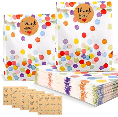 50 Stück Geschenktüten Kindergeburtstag Mitgebsel Tüten mit 60 Aufkleber, 19 x 13 x 3,5 cm Runde Punkte Papiertüten Kindergeburtstag Mitgebsel Tüten Geburtstagstüten für Hochzeit Feiern Feste Party