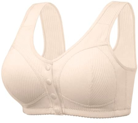 PrinStory Ribbed Cotton Bras For Women Front Fastening Wireless Snap Closing Comfort Ladies Bras For The Elderly (Apricot, 42D)