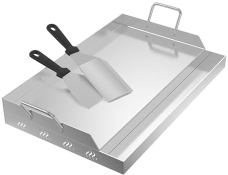 FIVMEN Plancha, piastra per barbecue in acciaio inox, 54 x 32 cm, universale, con 2 spatole e manici