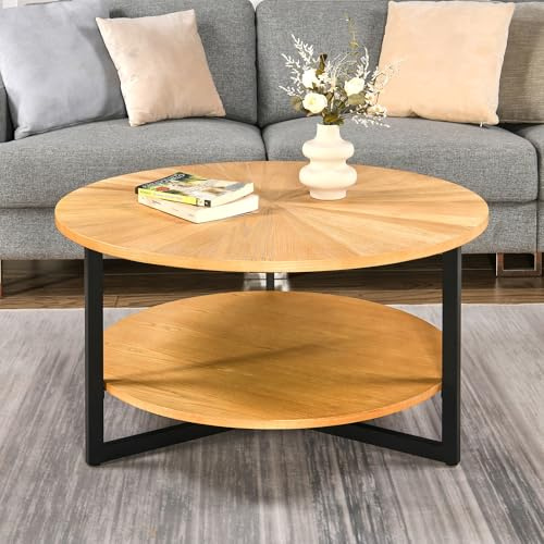 PADMA HOUSE Solid Holz Couchtisch mit Metall Beine, Modern Industrail Center Tisch mit offenem Regal Cocktail Teetisch für Wohnzimmer Schlafzimmer 85 D x 45,3 H, einfache Montage Round Coffee Tables