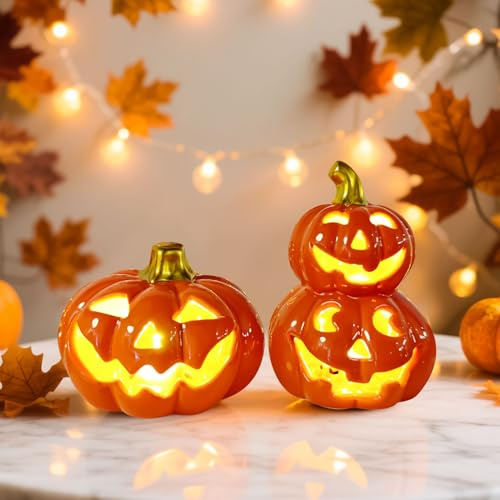 Decorazione autunnale a forma di zucca in ceramica, 2 pezzi, decorazione per Halloween, zucca con viso, lampada a zucca, decorazione autunnale per interni di zucca, zucca illuminata per il giorno del