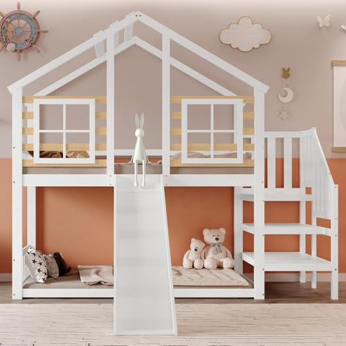 PUGSDRLY Lit Superposé Enfant avec Toboggan,Fenêtre et Escalier,Lit Cabane Mezzanine 2 Places 90x200 cm avec Barrières de lit,Sommier à Lattes,Pin,pour Garçons Filles (Blanc)