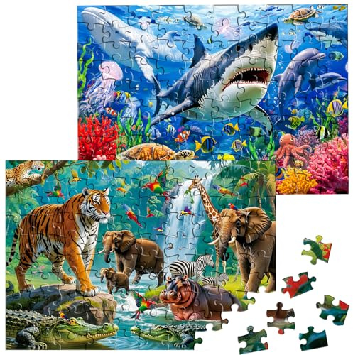 SITODIER 2 Sets 100PCS Undersea World and Forset Animals Jigsaw Puzzles for Kids Boys Gilrs 3 4 5 6 7 Years Old, Educational Learning Toy Birthday Gifts