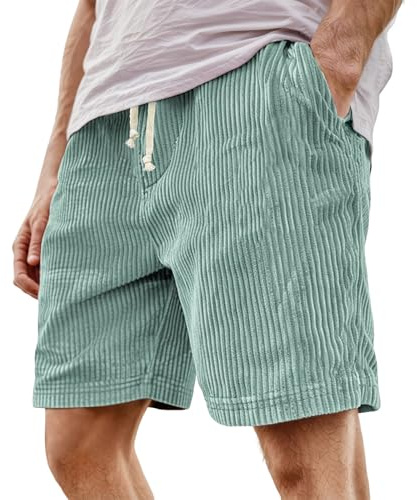 LDZYXY Pantaloncini in Velluto a Coste da Uomo Estivi, Vintage, con Ricamo, Bermuda, in Vita Elasticizzata, Comodi, Casual, da Spiaggia, con Tasche, Corduroy, Tinta Unita (Light Verde, L)