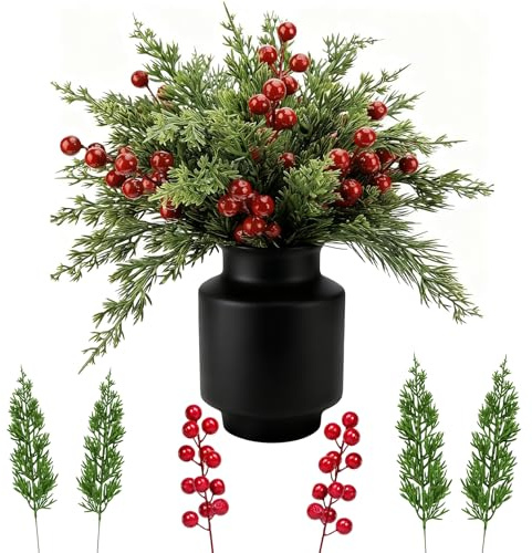 TECHEEL 60 Künstliche Weihnachtszweige Mit Roten Beeren Künstliche Tannenzweige mit Beeren Kunstpflanze Weihnachtsdeko Tannenzweige Künstlich für Girlande, Zubehör, Weihnachtsfeier-Dekoration