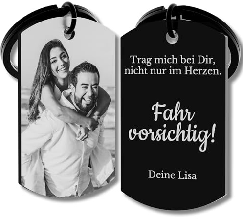 Personalisierter Schlüsselanhänger mit Foto und Gravur aus schwarzem Edelstahl – Fahr vorsichtig – Wunschtext und Bild – Geschenk für Partner, Fahranfänger, Valentinstag