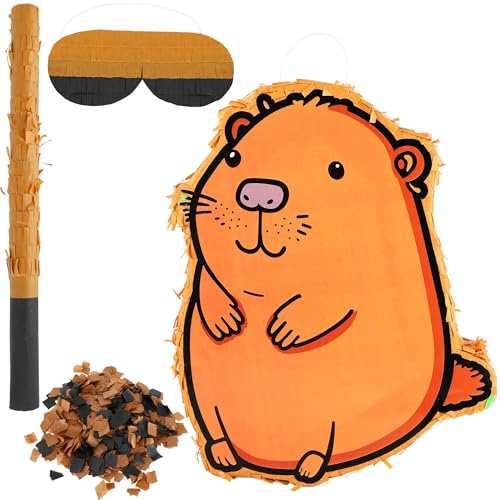 Capybara Pinata Set with 15 x 12 x 2.8 Inch Cute Animal Capybara Pinata Stick Blindfold Confetti for Kids Adults Birthday Game Supplies Funny Animal Party Centerpiece