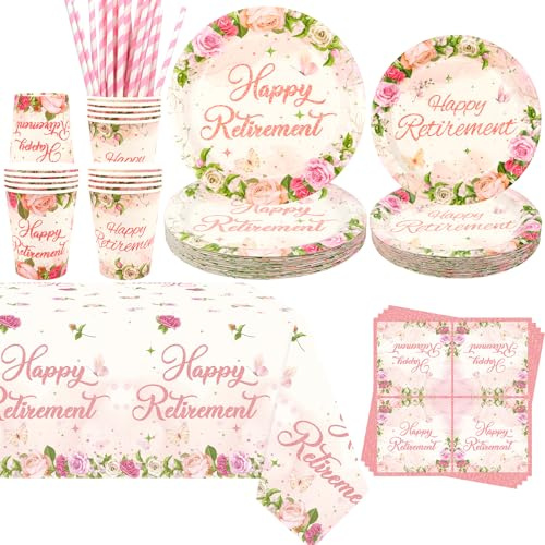 Obussgar - Set di decorazioni floreali per festa di pensionamento – Accessori per feste di pensionamento rosa, inclusi piatti, bicchieri, tovaglioli, tovaglia, cannucce – per 20 persone