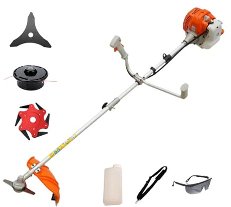 Desbrozadora Gasolina 52cc 2 Tiempos 51.7cc – Cortabordes Potente para Hierba Alta y Maleza, Incluye Cuchilla Metálica y Cabezal Nylon, Arnés Profesional para Jardín y Fincas