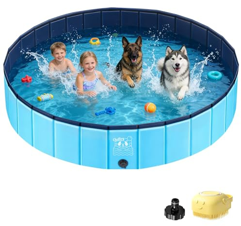 JONRRYIN Piscina para Perros, 160x30CM Piscina Perros Grandes, Bañera Perros Plegable de PVC Antideslizante con Parches y Válvula de Drenaje para Mascotas, Niños (160 * 30cm)