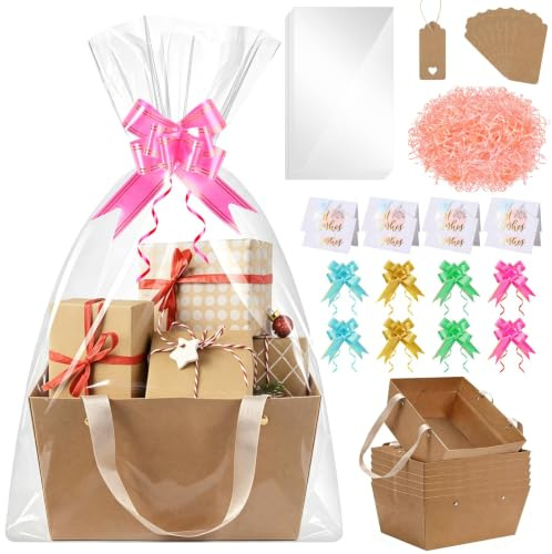 Presentkorg tom kartong stor brun 25 x 16,5 x 11 cm 8 stycken presentkorg tom rektangulär korg för presenter med presentkorg tom presentfolie transparent båge gratulationskort etikett alla hjärtans