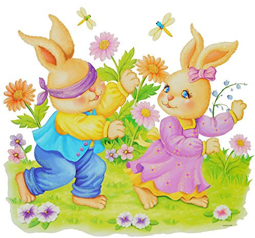 alles-meine.de GmbH großes Fensterbild - Osterhasen beim Versteckspiel - mit Glitzer - Fenstersticker Ostern - statisch haftend - Frühling - Hasen Küken - Enten Osterei - Sti..