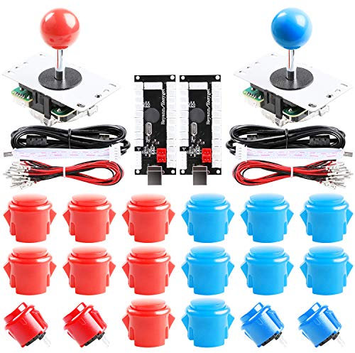 Reyann 2 Player Arcade Game DIY Parts USB PC Stick for Mame Game DIY ( 2 x Zero Delay USB Encoder Board + 2 x Arcade Gamepads + 20 x Button Cables ) Color Red + Blue Kits Support Coin Operator Cabinet Games