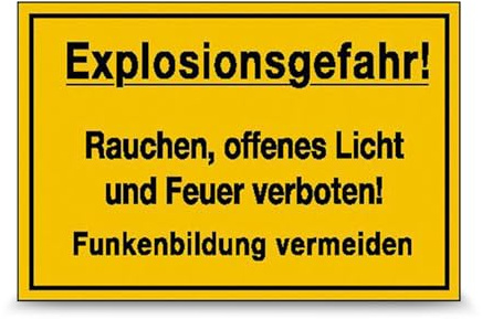 Betriebsausstattung24 Hinweisschild Explosionsgefahr… - Aluminium, geprägt - 30,0 x 20,0 cm - …Rauchen, offenes Licht und Feuer verboten! Funkenbildung meiden