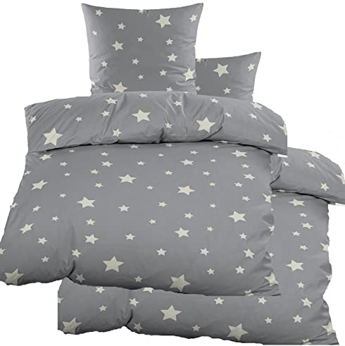 KH-Haushaltshandel 4-Piece Flannel Flannelette Double Winter Bed Linen Duvet Covers 2x (135 x 200 + 80 x 80 cm) 100% Cotton Grey Dandelion