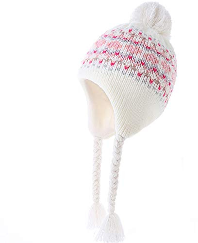Monimo Mössa för flickor, stickad, tjock, öronskydd, hatt, varm vintermössa för barn, Vit, 53 cm